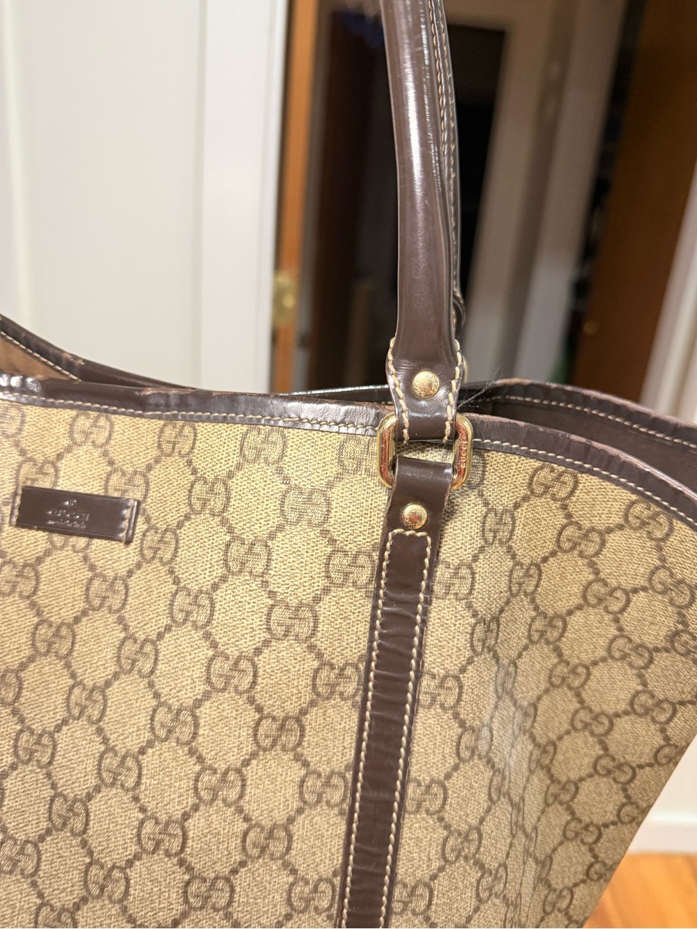 Gucci Beige GG Canvas Tote with Dark Brown Trim - Picture 7 of 16